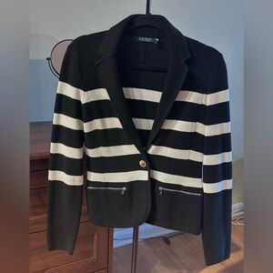 Lauren Ralph Lauren Black & White Striped Knit Jacket Blazer | Size S